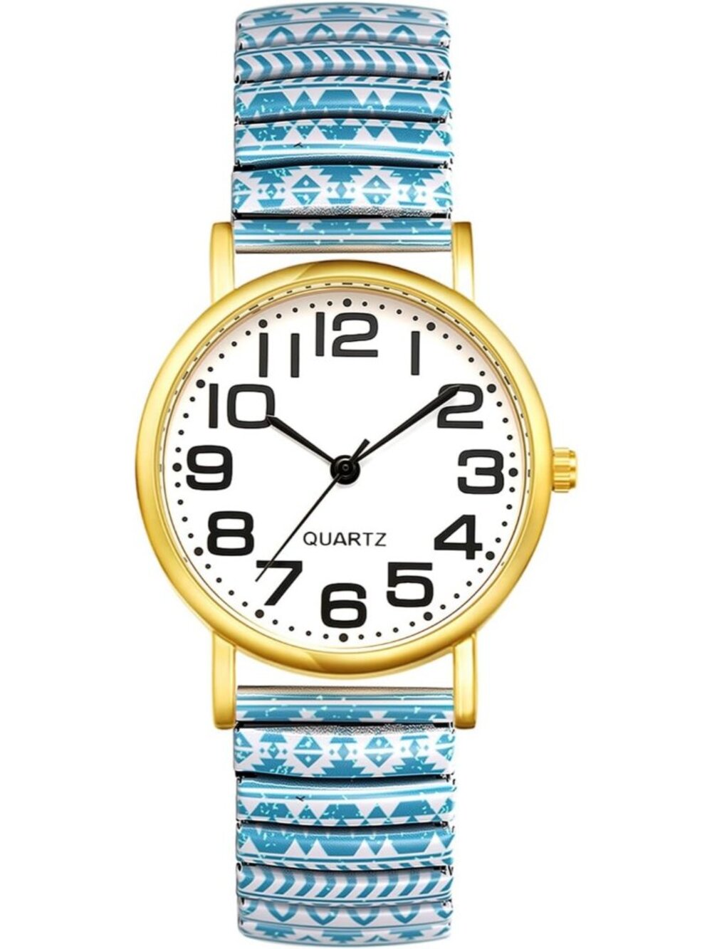 Women’s Blue Bohemian Easy Reader Quartz Watch Large Arabic Number Stretch Watch